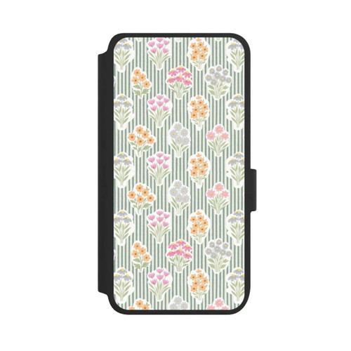 Samsung Galaxy S25 NIVOflip Ditsy Flower Sticker Bouquets on Blue and Cream Pinstripes
