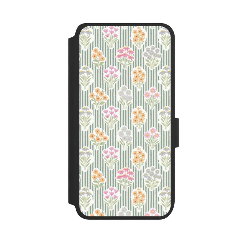 Galaxy S25 NIVOflip Ditsy Flower Sticker Bouquets on Blue and Cream Pinstripes