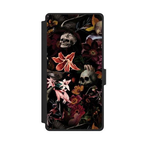 Samsung Galaxy S25 Ultra NIVOflip Totenköpfe und Blumen auf dunklem Hintergrund