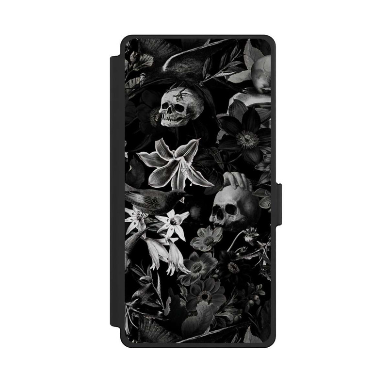 Galaxy S25 Ultra NIVOflip Totenköpfe und Blumen auf schwarzem Hintergrund