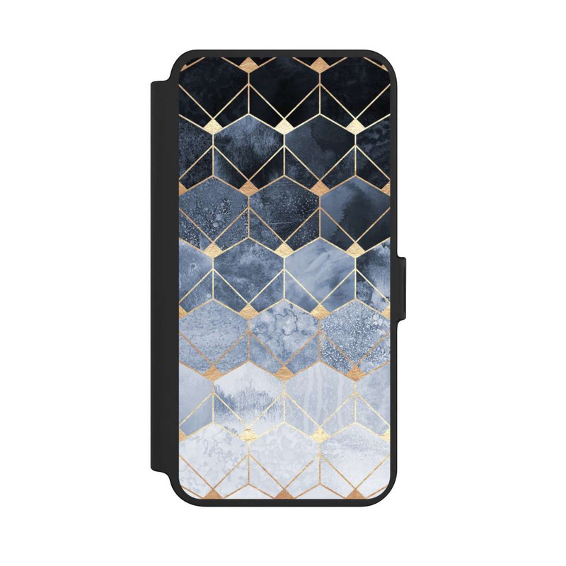 Galaxy S25 + NIVOflip Blaue Sechsecke und Diamanten Golddruck