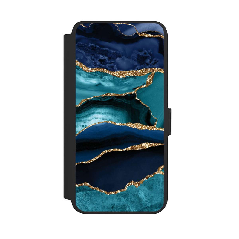 Galaxy S25 + NIVOflip Dark and Light Blue Marble Gold Glitter Look