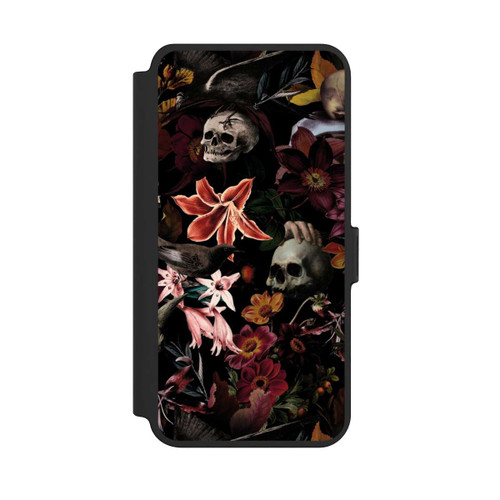 Samsung Galaxy S25+  NIVOflip Totenköpfe und Blumen auf dunklem Hintergrund