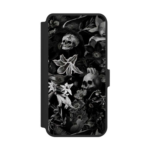 Samsung Galaxy S25+  NIVOflip Totenköpfe und Blumen auf schwarzem Hintergrund