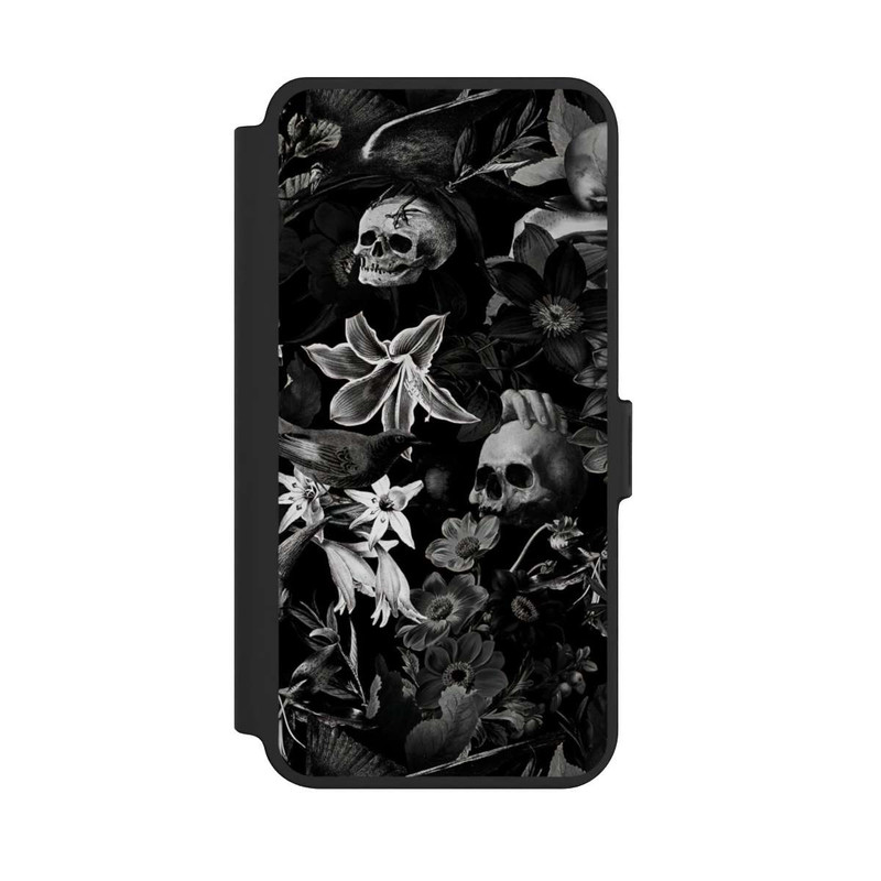 Galaxy S25 + NIVOflip Totenköpfe und Blumen auf schwarzem Hintergrund