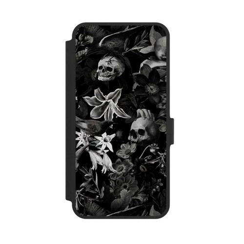 Samsung Galaxy A36 5G NIVOflip Totenköpfe und Blumen auf schwarzem Hintergrund