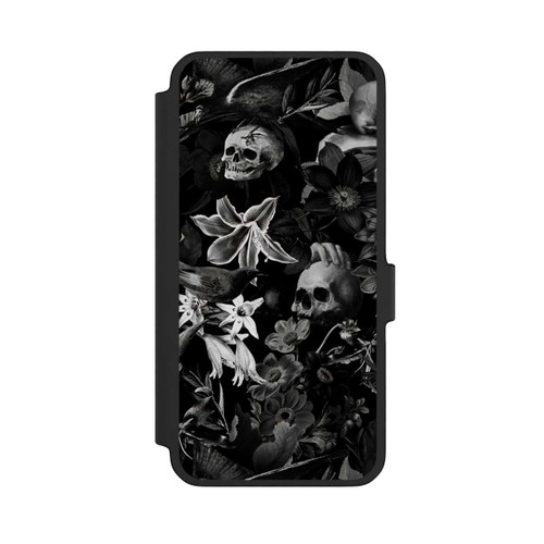 Samsung Galaxy A56 5G NIVOflip Totenköpfe und Blumen auf schwarzem Hintergrund
