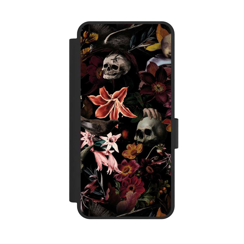 Galaxy S25 Edge NIVOflip Totenköpfe und Blumen auf dunklem Hintergrund