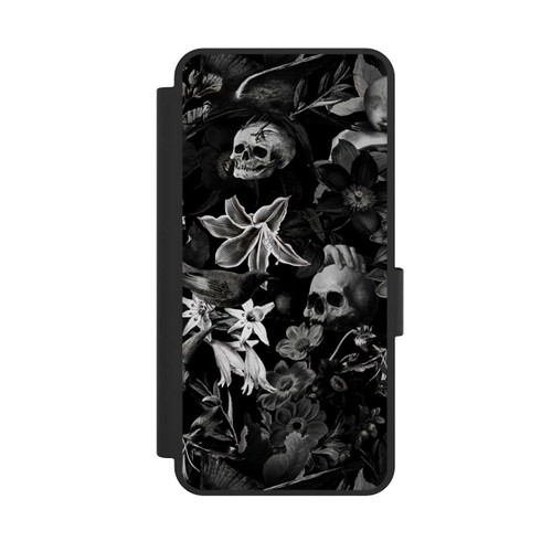 Samsung Galaxy S25 Edge NIVOflip Totenköpfe und Blumen auf schwarzem Hintergrund