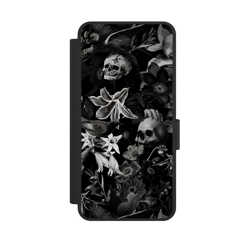 Galaxy S25 Edge NIVOflip Totenköpfe und Blumen auf schwarzem Hintergrund