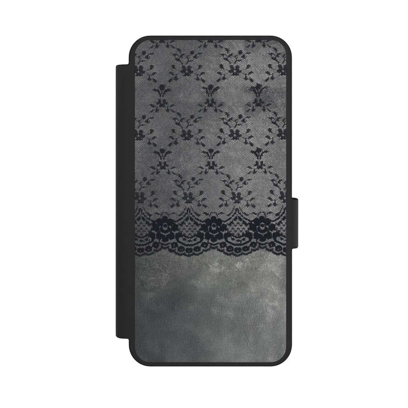 Galaxy S25 Edge NIVOflip Schwarzes Spitzenmuster auf grauem Hintergrund