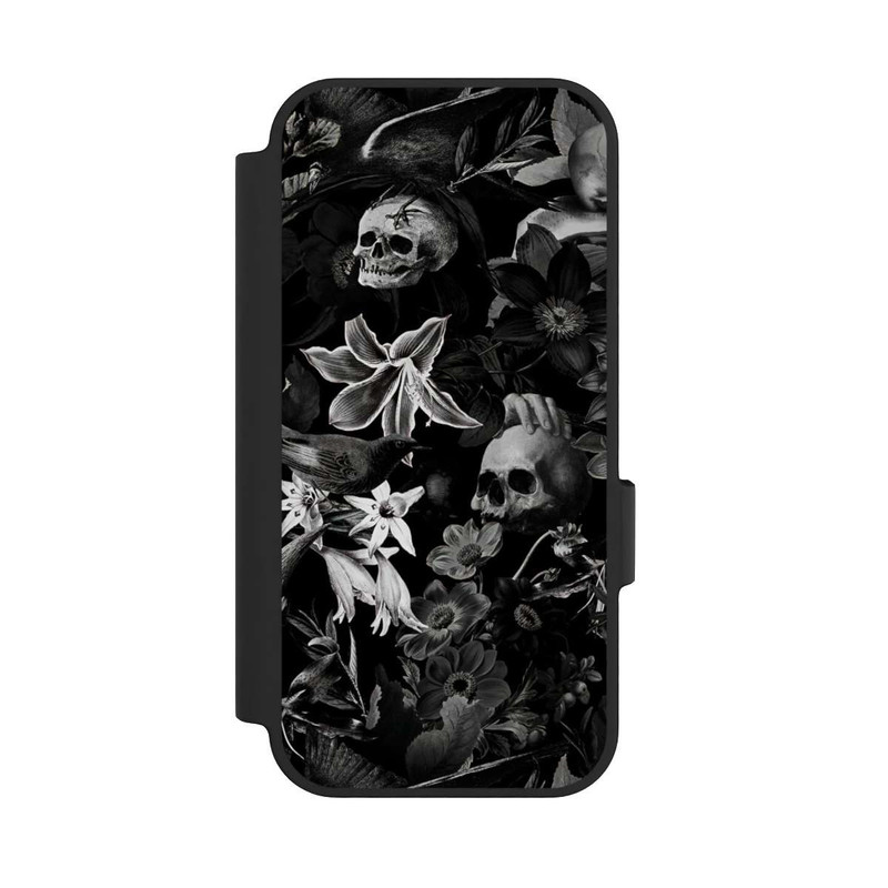 Pixel 10 Pro NIVOflip Totenköpfe und Blumen auf schwarzem Hintergrund