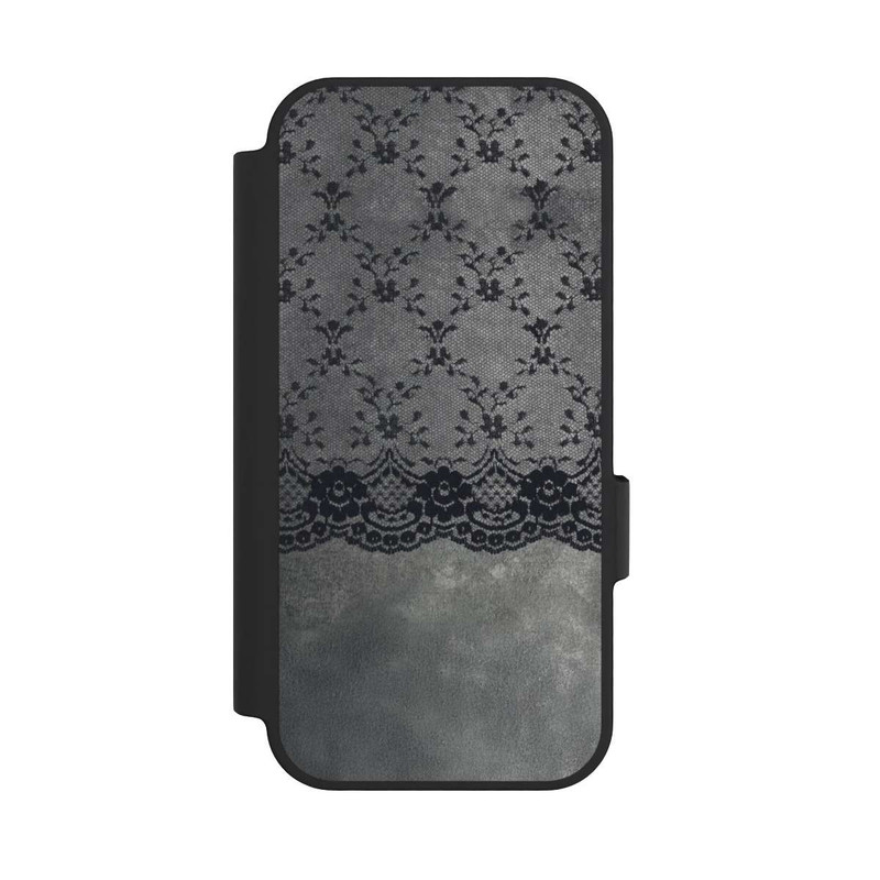 Pixel 10 Pro NIVOflip Schwarzes Spitzenmuster auf grauem Hintergrund
