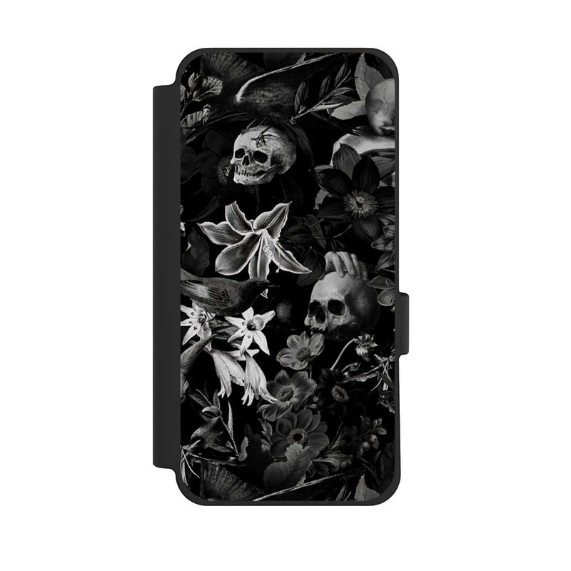 Pixel 10 Pro XL NIVOflip Totenköpfe und Blumen auf schwarzem Hintergrund