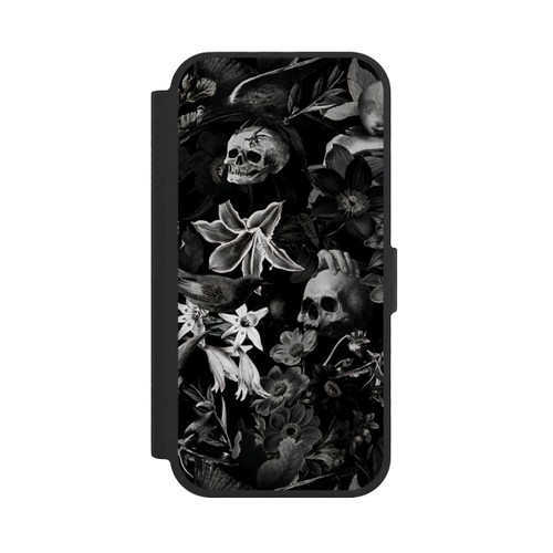 Apple iPhone 17 NIVOflip Totenköpfe und Blumen auf schwarzem Hintergrund