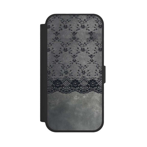 Apple iPhone 17 NIVOflip Schwarzes Spitzenmuster auf grauem Hintergrund