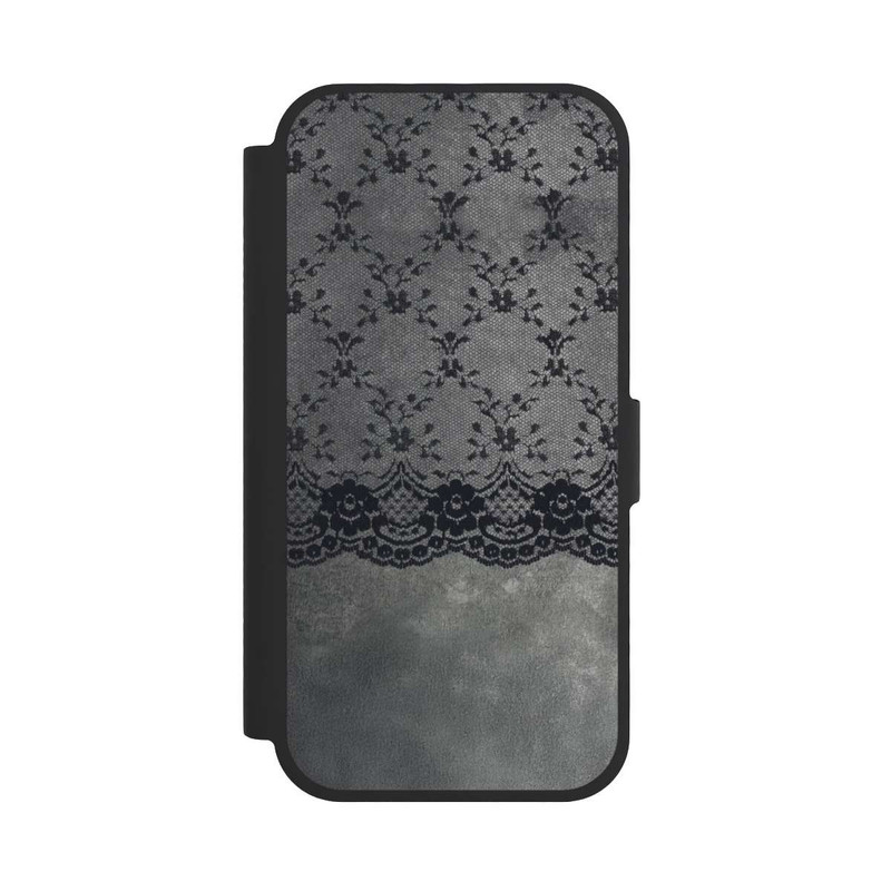 iPhone 17 NIVOflip Schwarzes Spitzenmuster auf grauem Hintergrund
