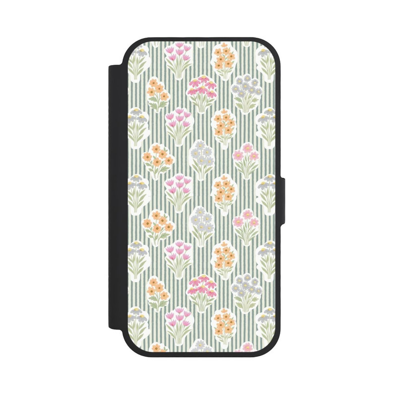 iPhone 17 NIVOflip Ditsy Flower Sticker Bouquets on Blue and Cream Pinstripes