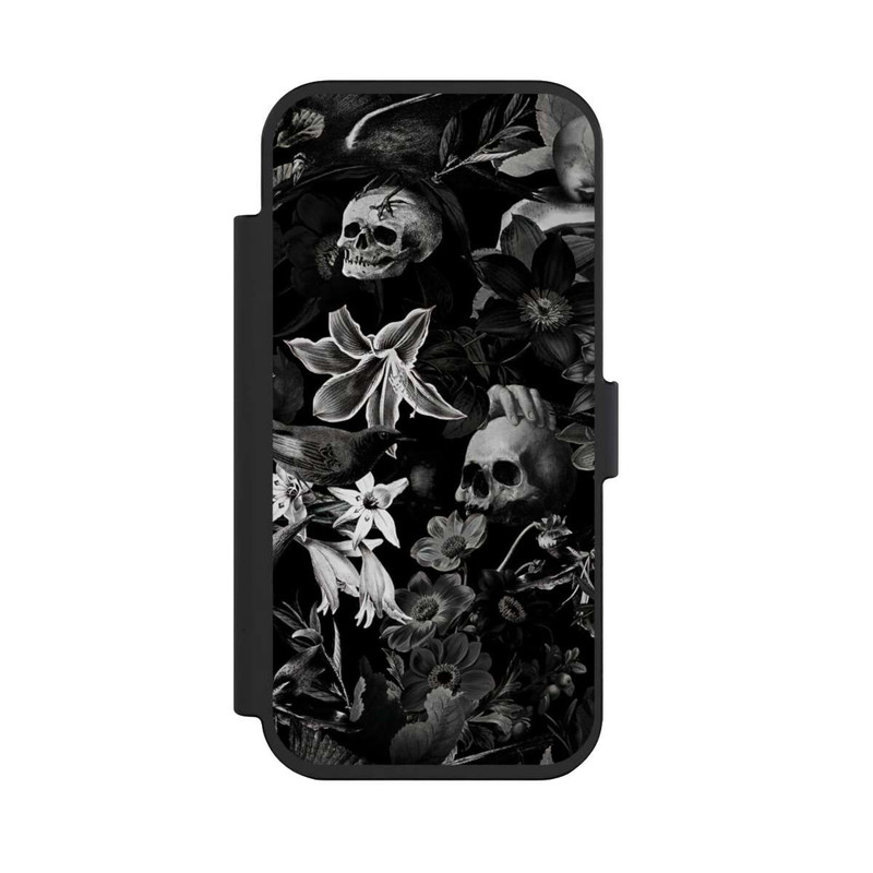 iPhone Air NIVOflip Totenköpfe und Blumen auf schwarzem Hintergrund