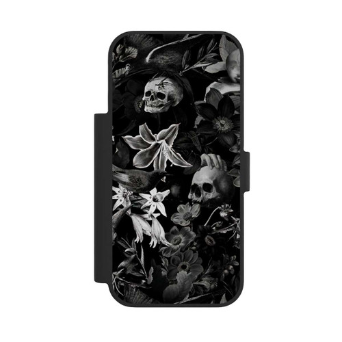Apple iPhone 17 Pro NIVOflip Totenköpfe und Blumen auf schwarzem Hintergrund
