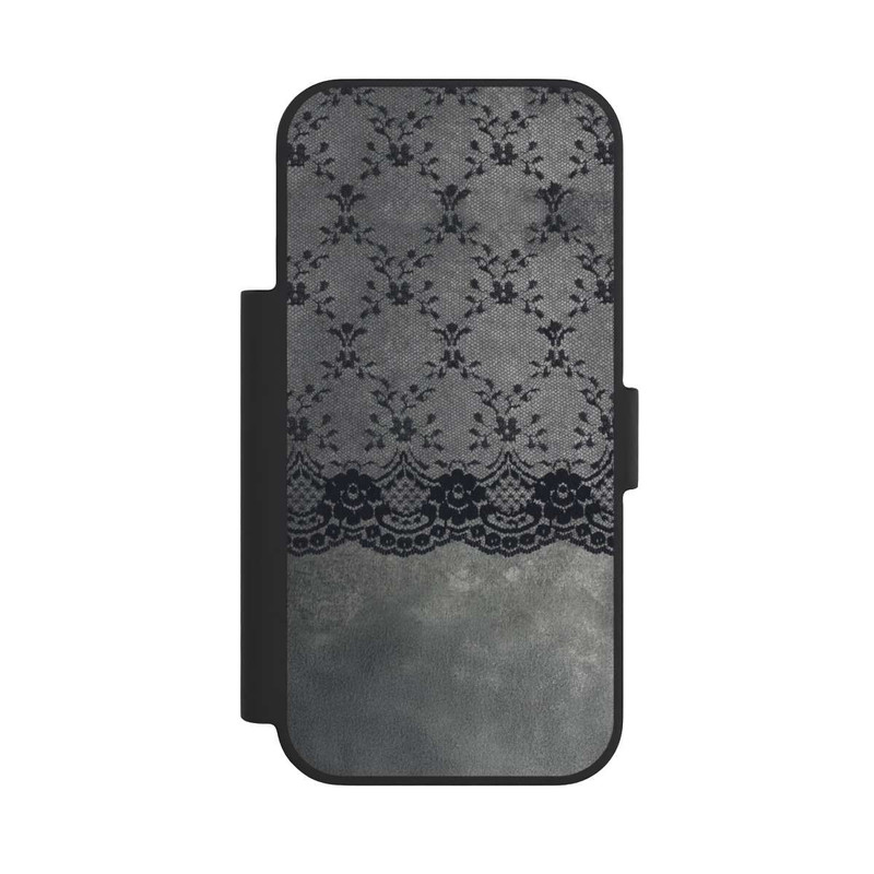 iPhone 17 Pro NIVOflip Schwarzes Spitzenmuster auf grauem Hintergrund