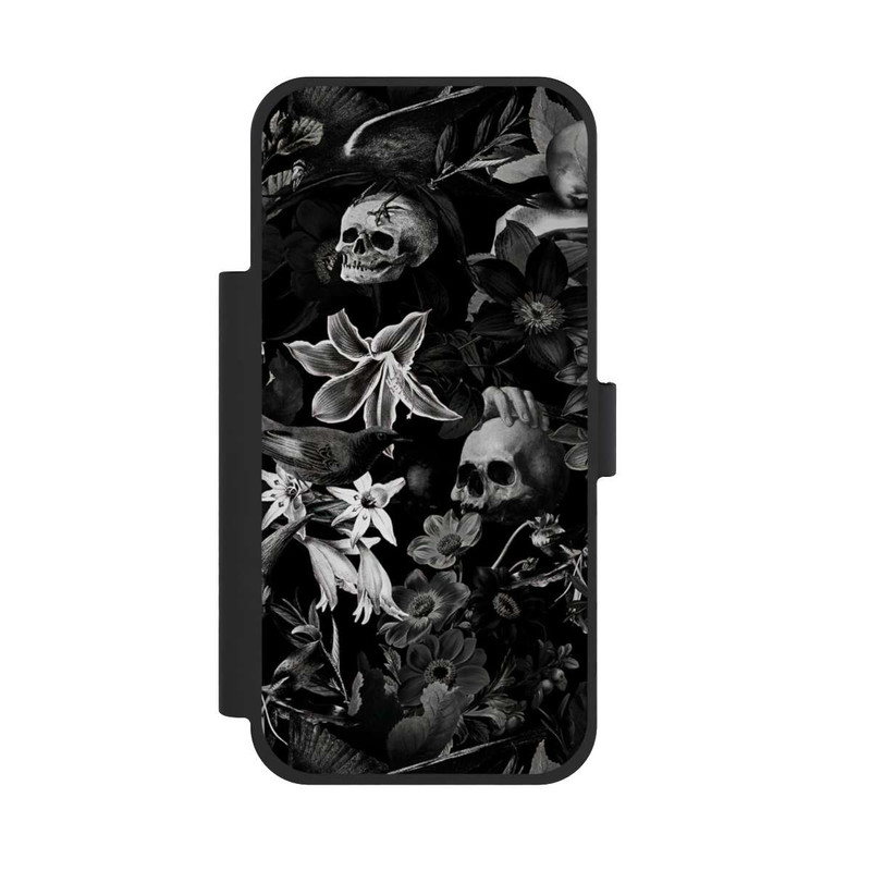 iPhone 17 Pro Max NIVOflip Totenköpfe und Blumen auf schwarzem Hintergrund