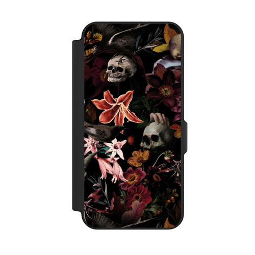 Samsung Galaxy S25 FE NIVOflip Totenköpfe und Blumen auf dunklem Hintergrund