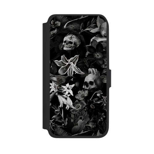 Samsung Galaxy A17 5G NIVOflip Totenköpfe und Blumen auf schwarzem Hintergrund