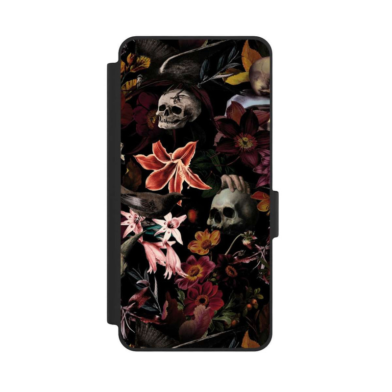 Galaxy S26 NIVOflip Totenköpfe und Blumen auf dunklem Hintergrund