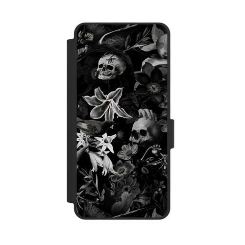Samsung Galaxy S26 NIVOflip Totenköpfe und Blumen auf schwarzem Hintergrund