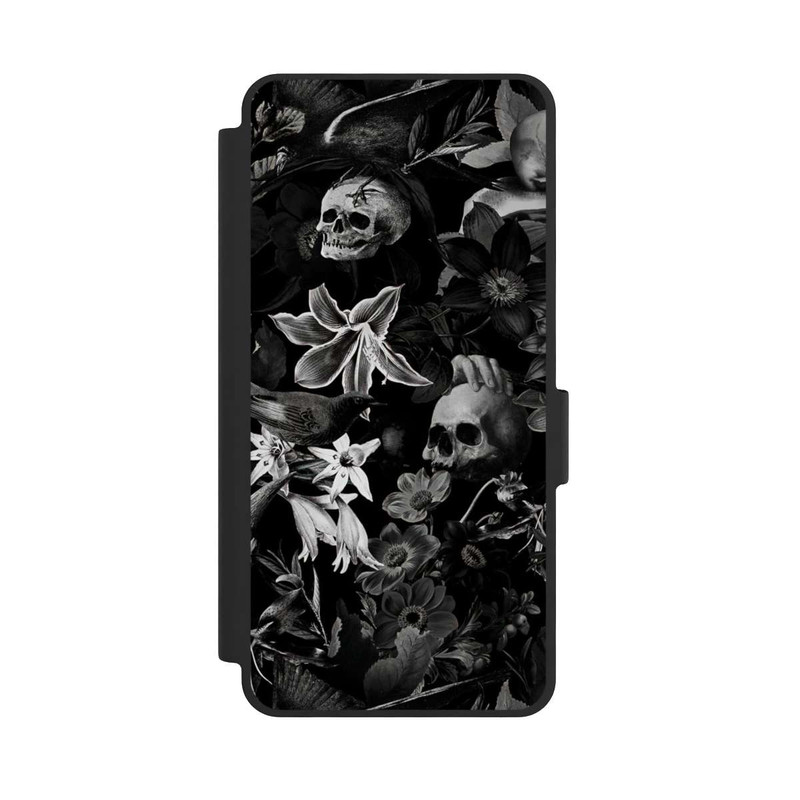 Galaxy S26 NIVOflip Totenköpfe und Blumen auf schwarzem Hintergrund