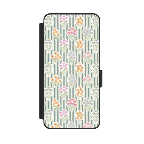Samsung Galaxy S26 NIVOflip Ditsy Flower Sticker Bouquets on Blue and Cream Pinstripes