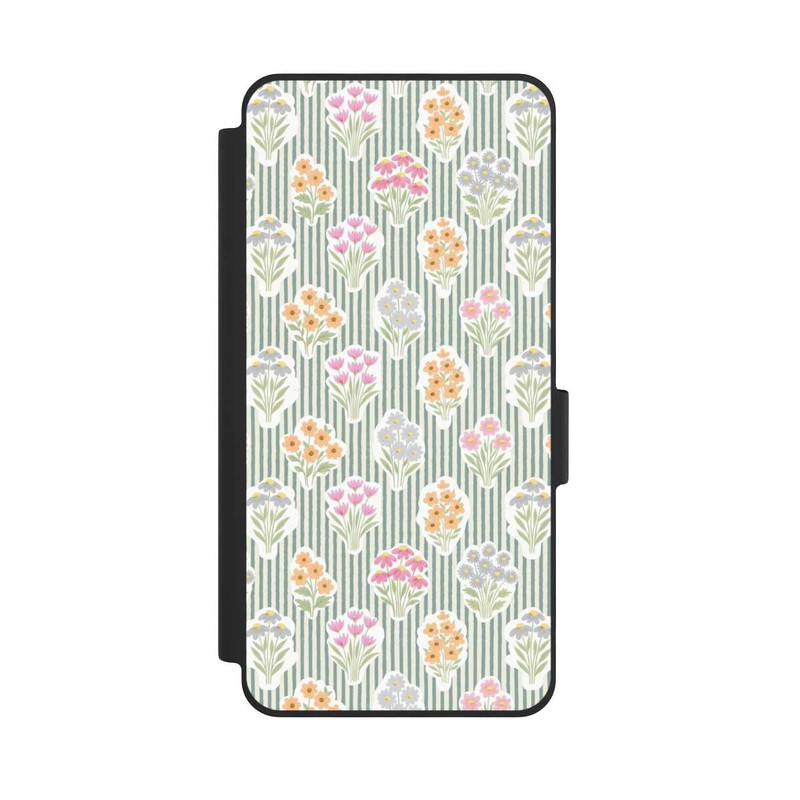 Galaxy S26 NIVOflip Ditsy Flower Sticker Bouquets on Blue and Cream Pinstripes