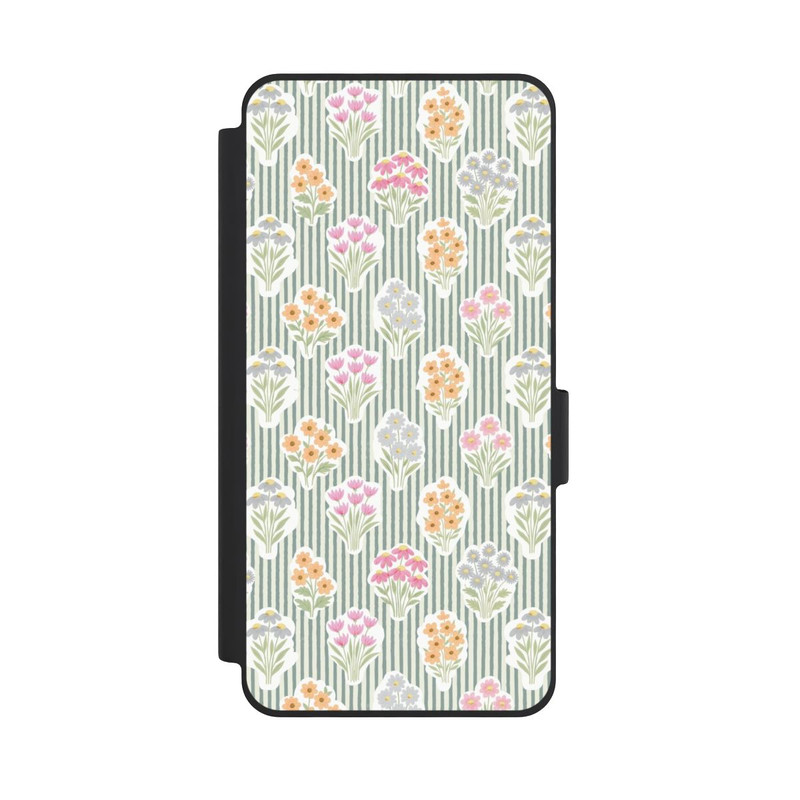 Galaxy S26 NIVOflip Ditsy Flower Sticker Bouquets on Blue and Cream Pinstripes