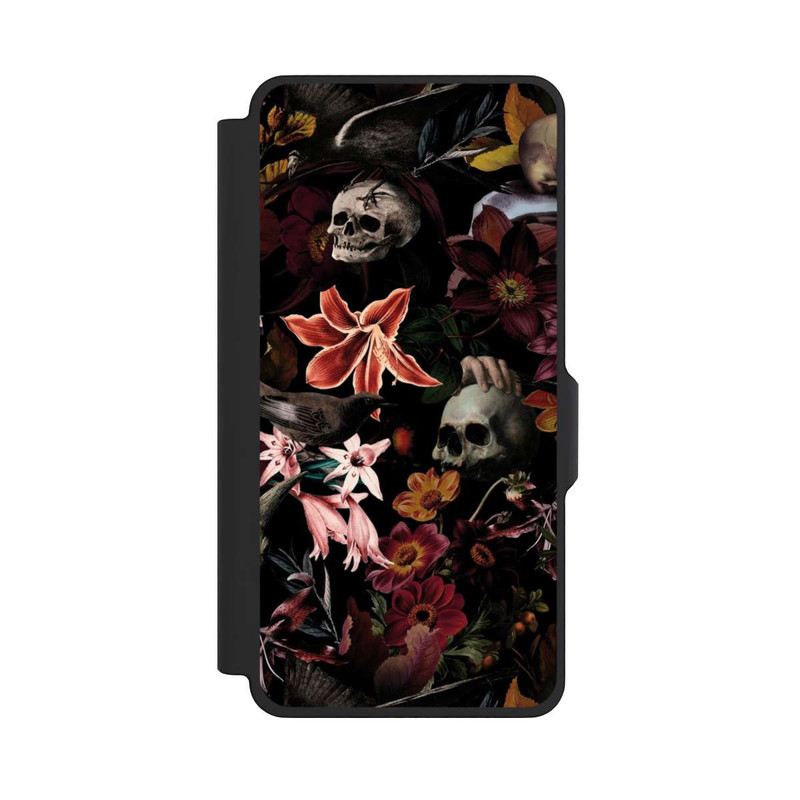 Galaxy S26+ NIVOflip Totenköpfe und Blumen auf dunklem Hintergrund