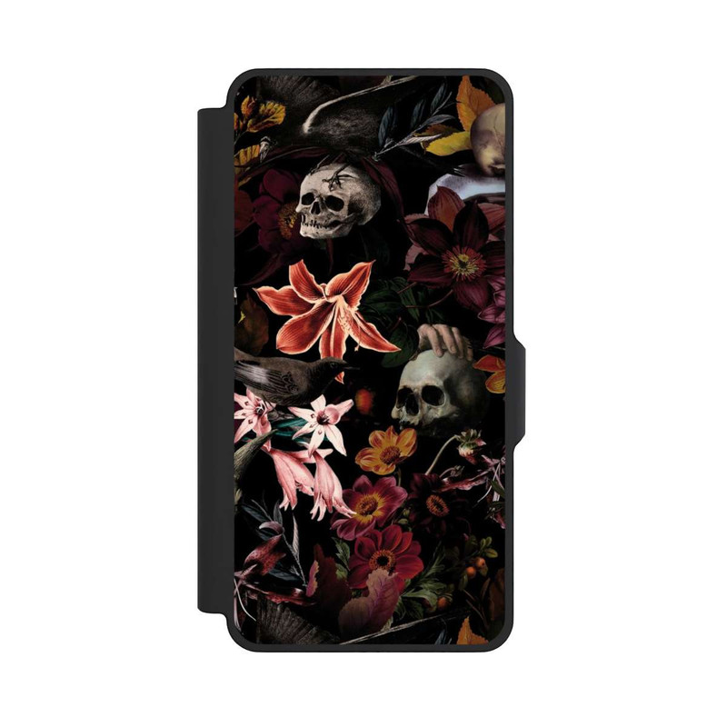 Galaxy S26+ NIVOflip Totenköpfe und Blumen auf dunklem Hintergrund