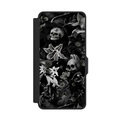 Samsung Galaxy S26+ NIVOflip Totenköpfe und Blumen auf schwarzem Hintergrund