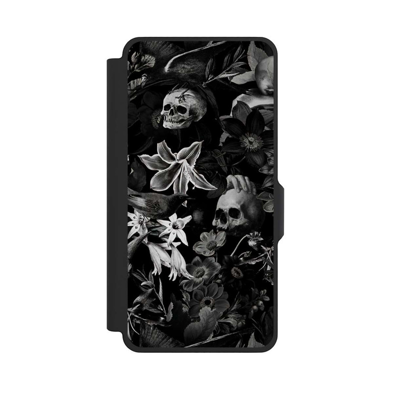 Galaxy S26+ NIVOflip Totenköpfe und Blumen auf schwarzem Hintergrund