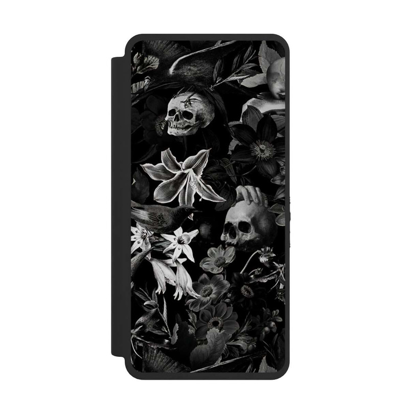Galaxy S26 Ultra NIVOflip Totenköpfe und Blumen auf schwarzem Hintergrund