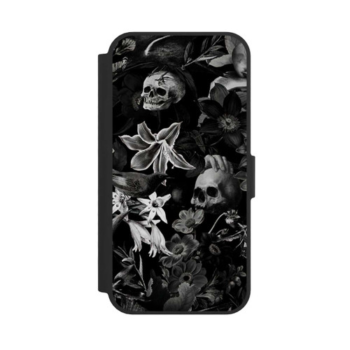 Apple iPhone 17e NIVOflip Totenköpfe und Blumen auf schwarzem Hintergrund