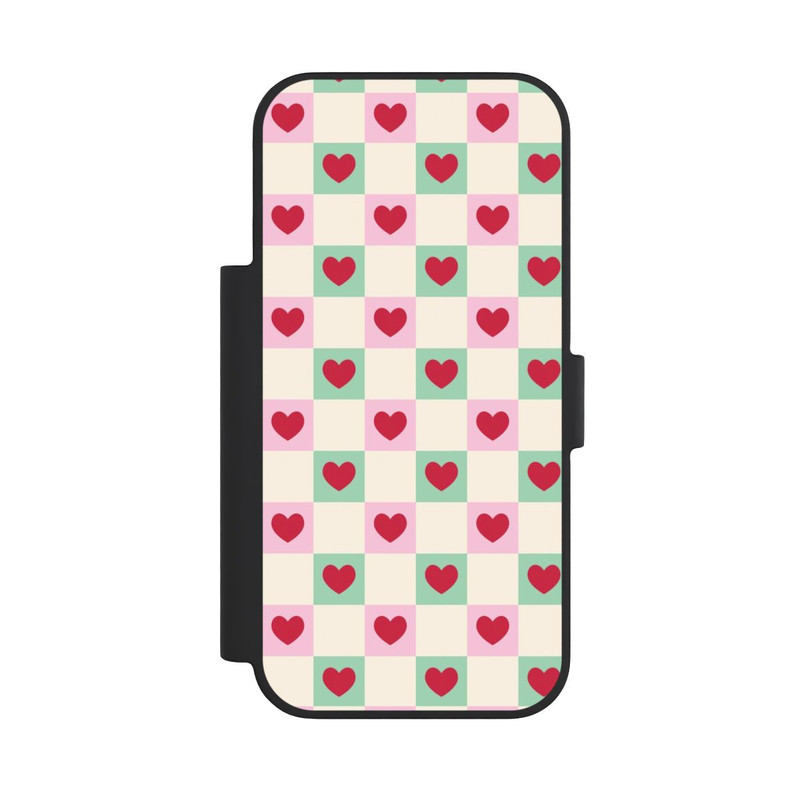 iPhone 18 Pro NIVOflip Cœurs à Carreaux Rose et Vert Saint-Valentin