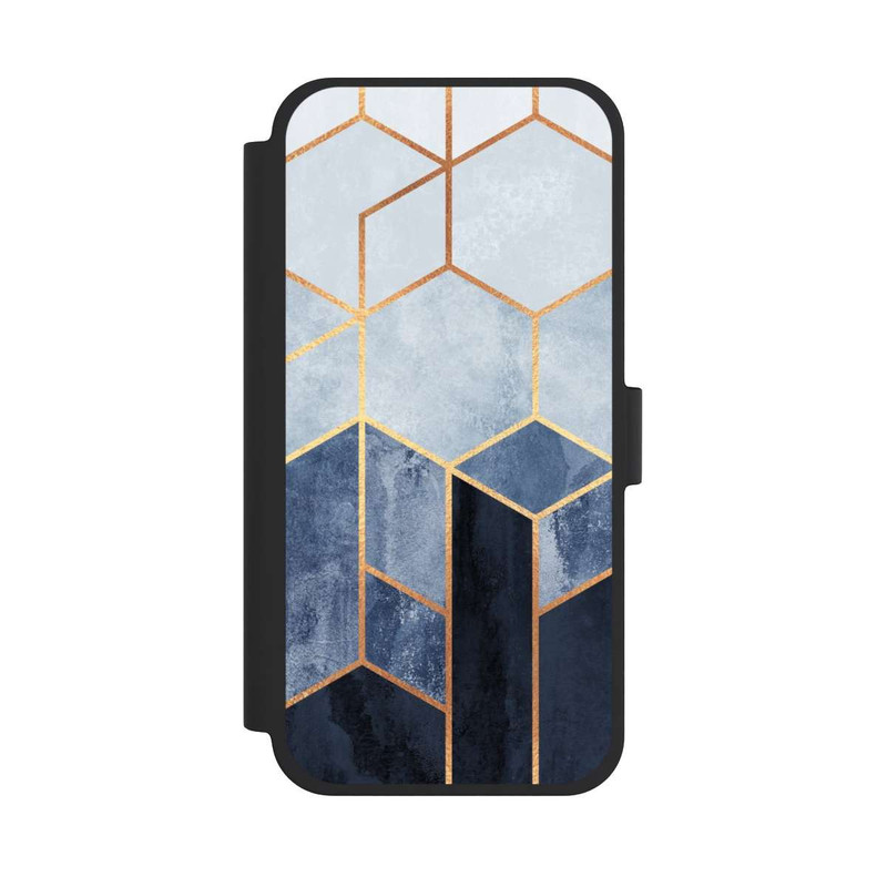 iPhone 15 Plus NIVOflip Blauer Farbverlauf Sechsecke Golddruck
