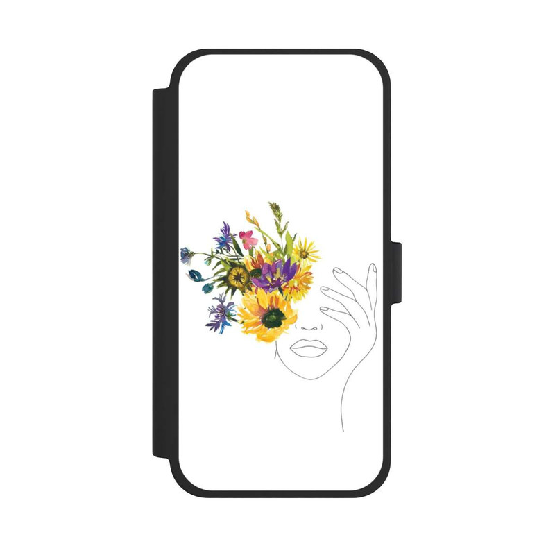 iPhone 15 Plus NIVOflip Line Art Frau Sonnenblumen