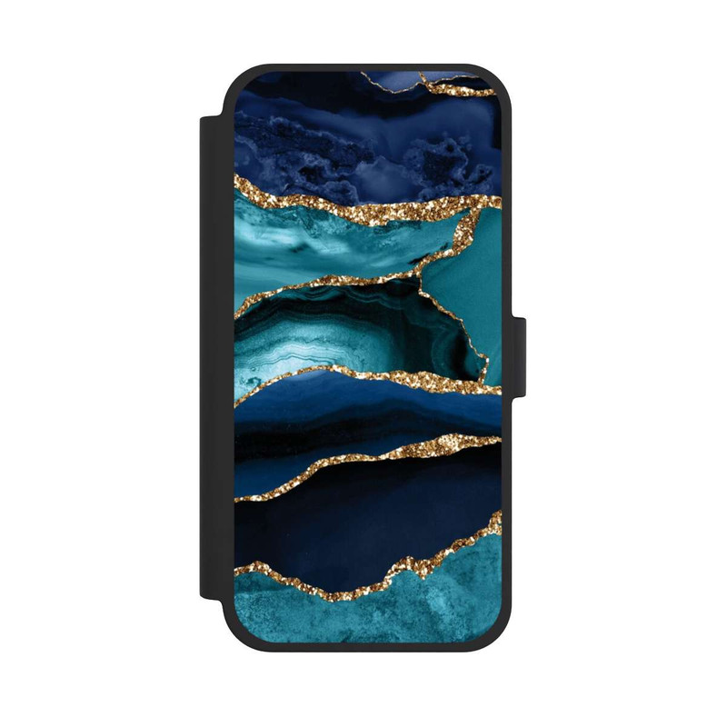 iPhone 15 Plus NIVOflip Dark and Light Blue Marble Gold Glitter Look