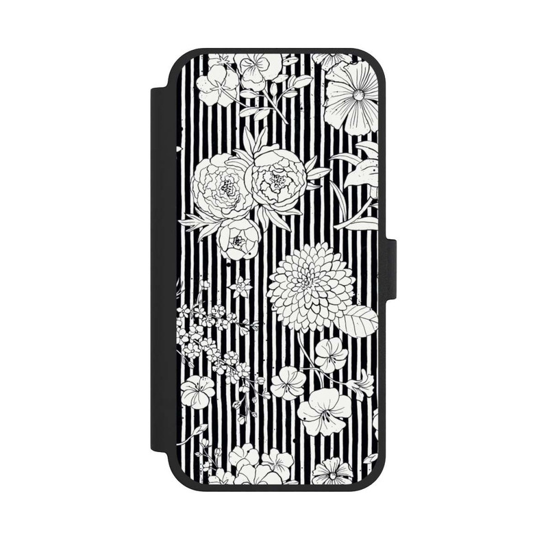 iPhone 15 Plus NIVOflip Fleurs et rayures noir et blanc