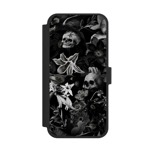 Apple iPhone 15 Plus NIVOflip Totenköpfe und Blumen auf schwarzem Hintergrund