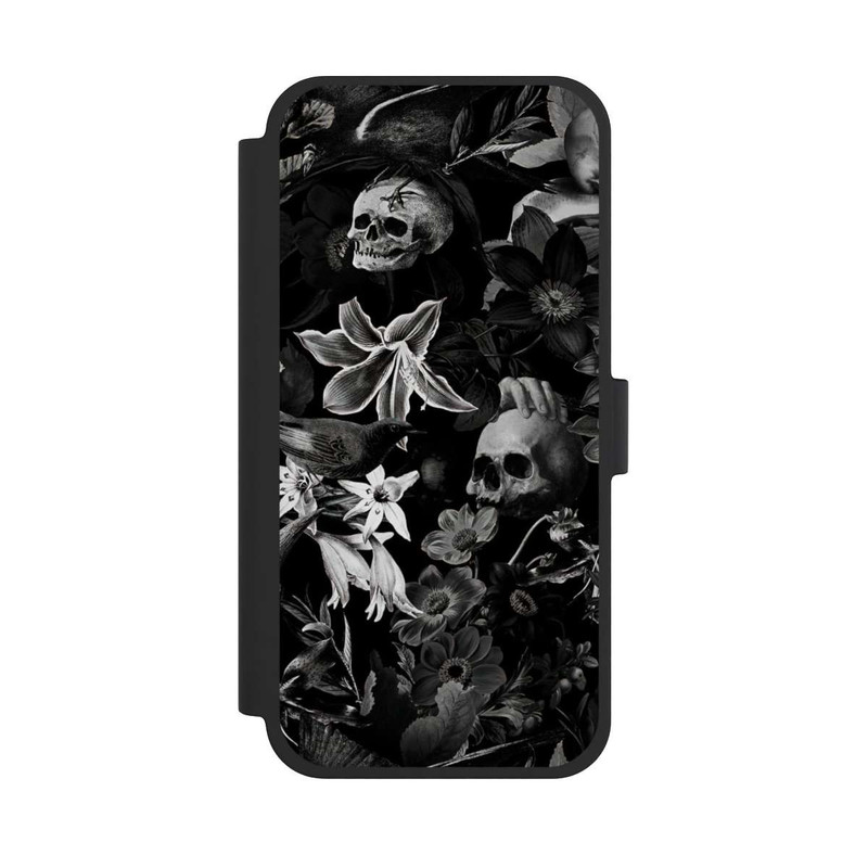 iPhone 15 Plus NIVOflip Totenköpfe und Blumen auf schwarzem Hintergrund
