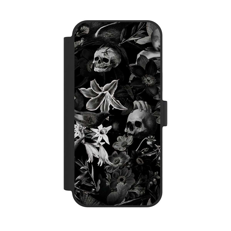 iPhone 15 Plus NIVOflip Totenköpfe und Blumen auf schwarzem Hintergrund