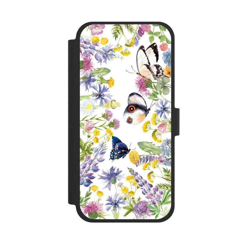 iPhone 15 Plus NIVOflip Bunte Frühlingsblumen und Schmetterlinge