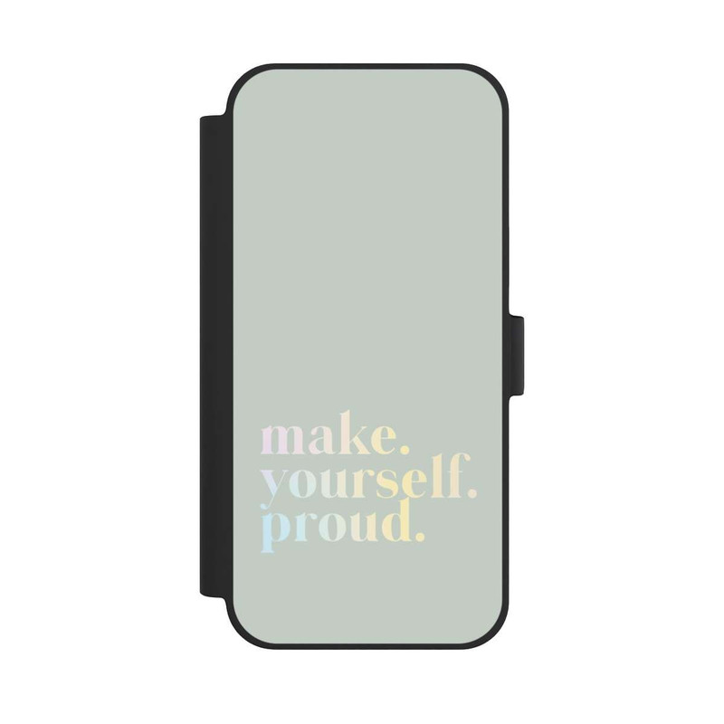 iPhone 15 Plus NIVOflip Make Yourself Proud Zitat-Minze und Farbverlauf